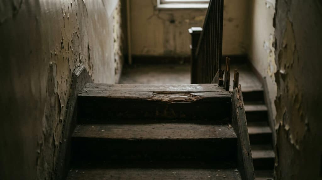 Worn wooden stairs lead up through a dimly lit, peeling wall hallway.
