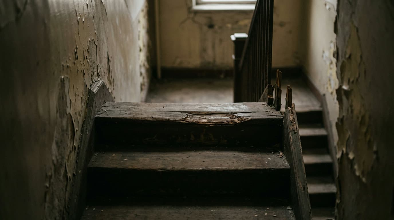 Worn wooden stairs lead up through a dimly lit, peeling wall hallway.