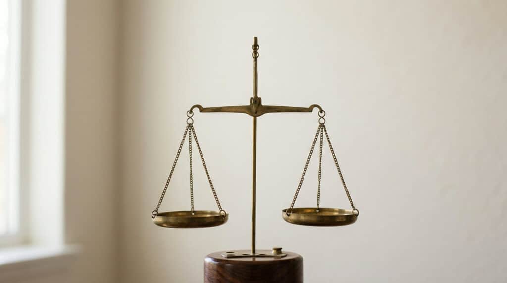 A brass balance scale with two hanging pans, set against a light-colored wall.
