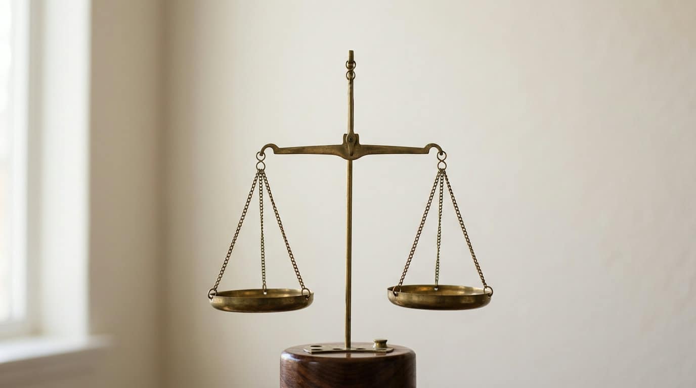A brass balance scale with two hanging pans, set against a light-colored wall.
