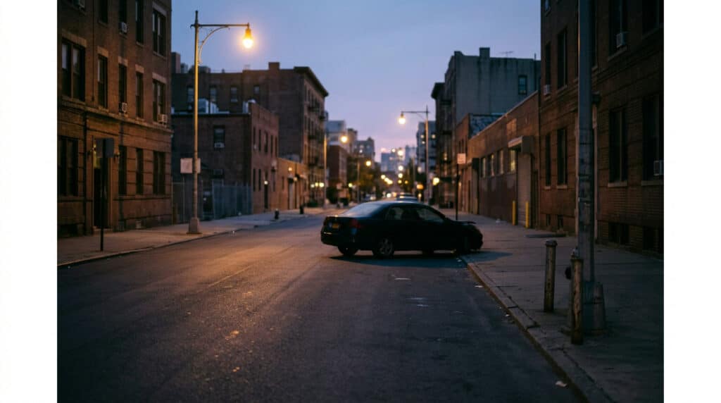 A parked car is positioned at an angle on a dimly lit, empty street lined with buildings and street lamps during twilight.