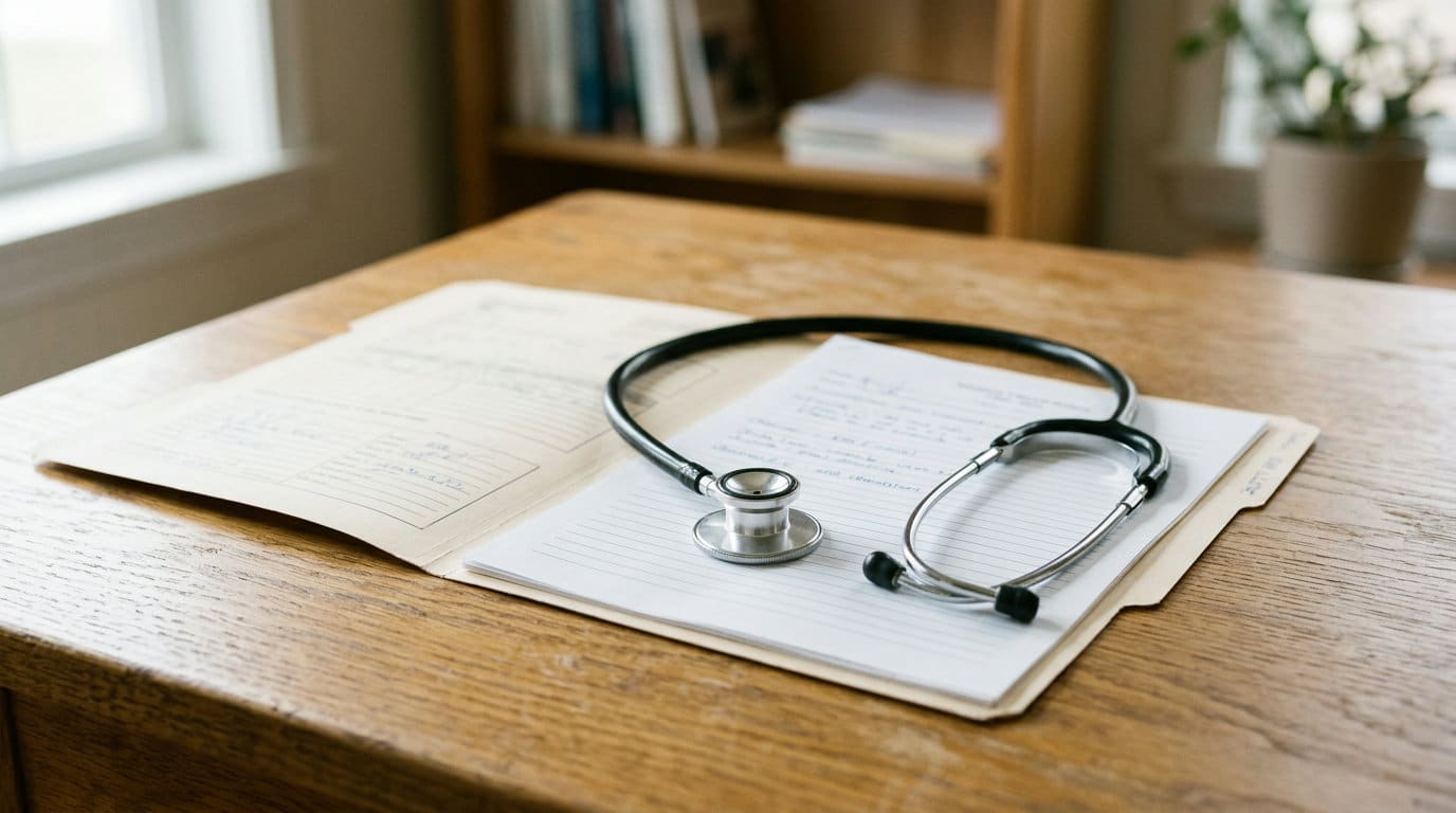 A stethoscope rests on a stack of medical papers on a wooden table.